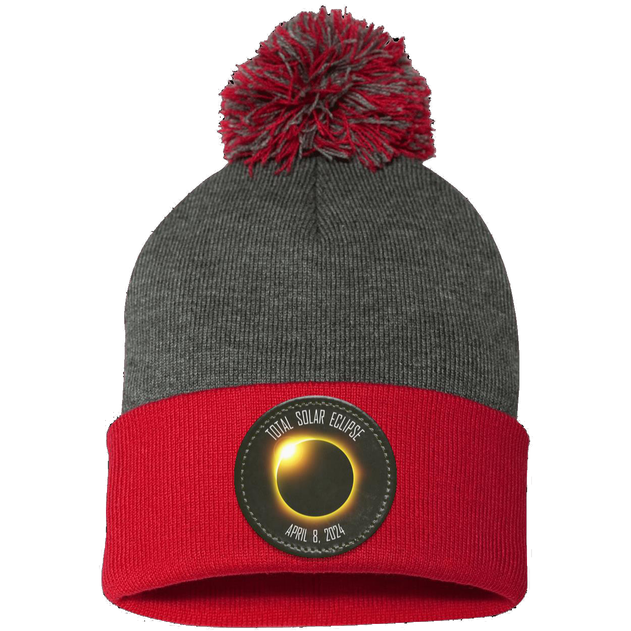 Total Solar Eclipse April 8 2024 elipse beanie, Pom Pom Knit Cap - Patch