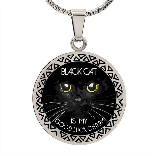 Black Cat Is My Good Luck Charm, Silver or Gold Luxury Necklace, Engrave your Text on the back of pendant Option