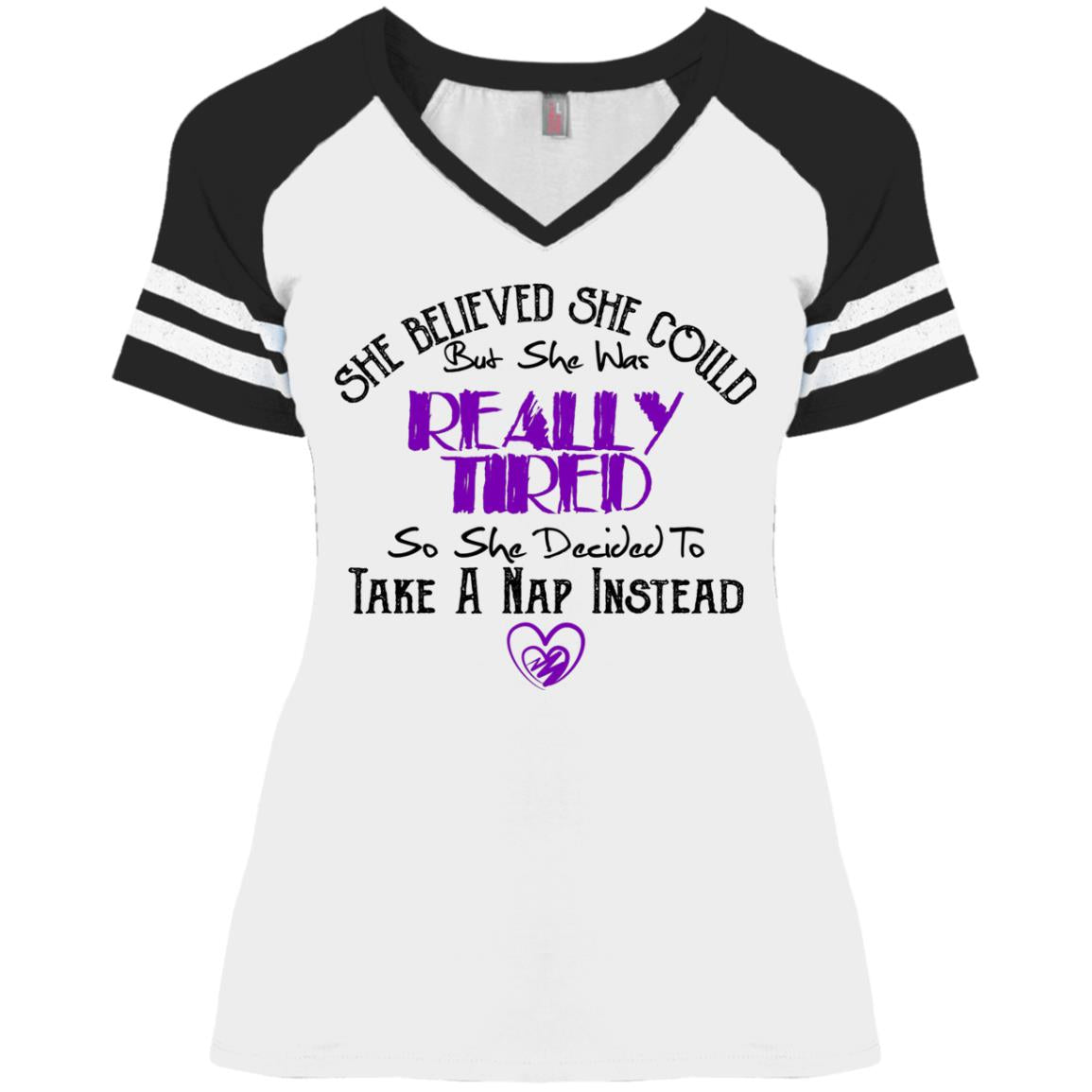 Funny Game V-Neck T-Shirt - She Believed She Could But She Was Tiered - GoneBold.gift