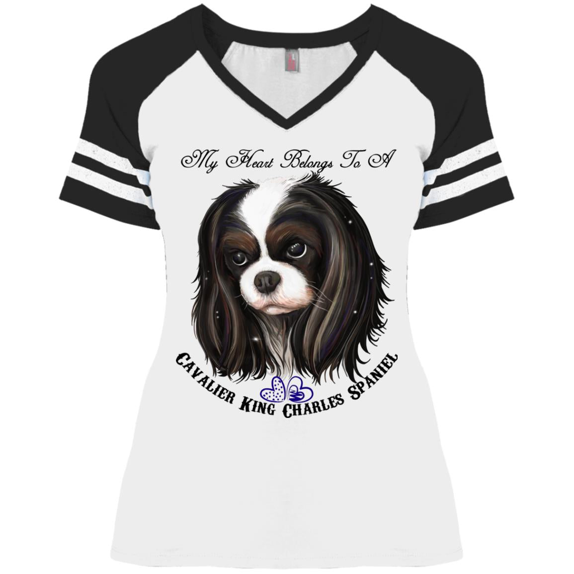 Cavalier King Charles spaniel Tricolor My Heart Ladies' Game V-Neck T-Shirt - GoneBold.gift