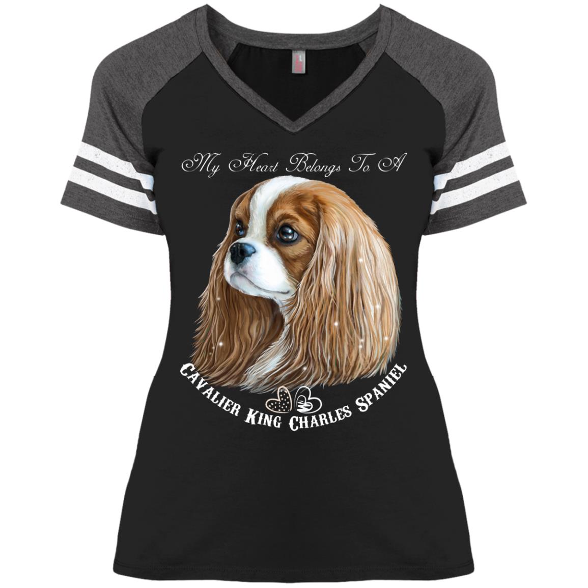 Cavalier King Charles Spaniel Blenheim My Heart Ladies' Game V-Neck T-Shirt - GoneBold.gift