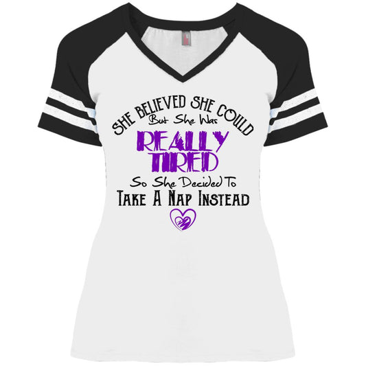 Funny Game V-Neck T-Shirt - She Believed She Could But She Was Tiered - GoneBold.gift