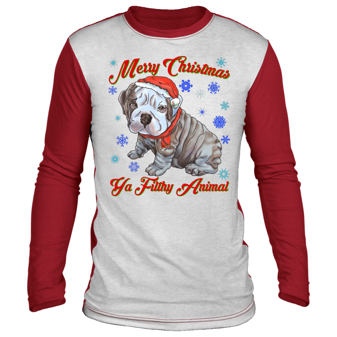 English bulldog, Merry Christmas Ya Filthy Animals, Ugly Christmas ‘sweater’ Long Sleeve - GoneBold.gift