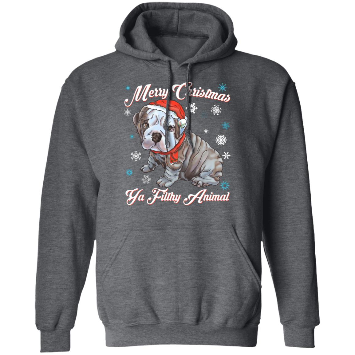 Merry Christmas Ya Filthy Animal, English bulldog Santa Hat Pullover Hoodie