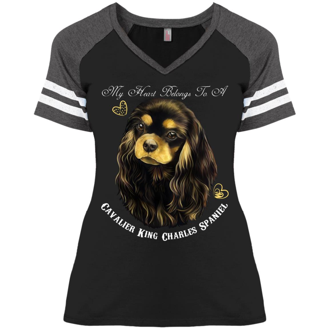 Cavalier King Charles Spaniel Black Tan My Heart Ladies' Game V-Neck T-Shirt - GoneBold.gift