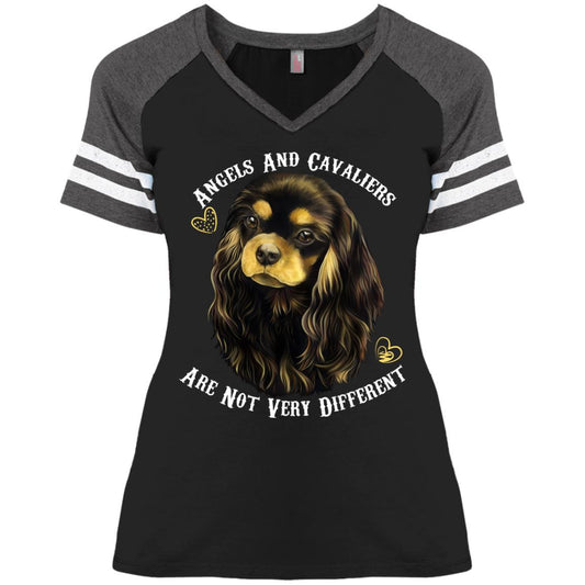 Cavalier King Charles Spaniel Black And Tan Angels and Cavaliers Ladies' Game V-Neck T-Shirt - GoneBold.gift